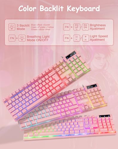 Rosa Gaming-Tastatur und Maus-Kombination, beleuchtete Membran, USB kabelgebundene Gaming-Maus mit RGB-Hintergrundbeleuchtung für Windows/PC/Laptop/MAC/Xbox, Kawaii-Geschenk für Mädchen-Rosa Bild 2