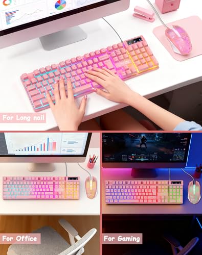 Rosa Gaming-Tastatur und Maus-Kombination, beleuchtete Membran, USB kabelgebundene Gaming-Maus mit RGB-Hintergrundbeleuchtung für Windows/PC/Laptop/MAC/Xbox, Kawaii-Geschenk für Mädchen-Rosa Bild 4