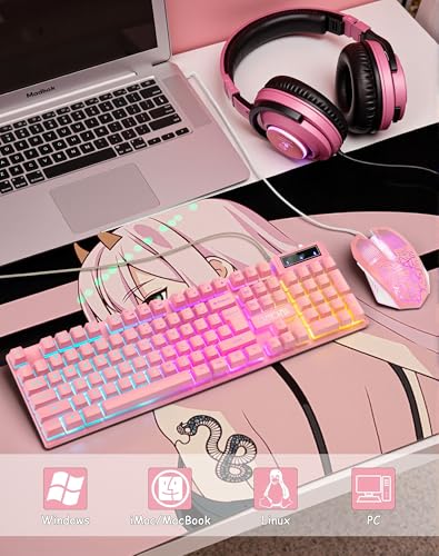 Rosa Gaming-Tastatur und Maus-Kombination, beleuchtete Membran, USB kabelgebundene Gaming-Maus mit RGB-Hintergrundbeleuchtung für Windows/PC/Laptop/MAC/Xbox, Kawaii-Geschenk für Mädchen-Rosa Bild 7