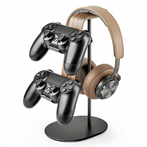 Controller und Kopfhörer Halter, Aluminium und Holz Gaming Controller & Headset Ständer Halterung für PS5 PS4 Xbox One Nintendo Switch, Universelles Schreibtisch-Game-Zubehör Bild 1