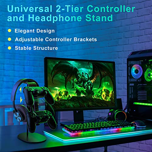 Controller und Kopfhörer Halter, Aluminium und Holz Gaming Controller & Headset Ständer Halterung für PS5 PS4 Xbox One Nintendo Switch, Universelles Schreibtisch-Game-Zubehör Bild 2