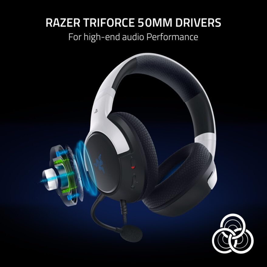 Razer Kaira X Kabelgebundenes Gaming-Headset für PlayStation 5,PS5, PS4, PC, Mac, Mobiltelefon: 50 mm Treiber, HyperClear Cardiooid Mic,Memory Foam Kissen,On-Headset Bedienelemente,Weiß,Schwarz Bild 3