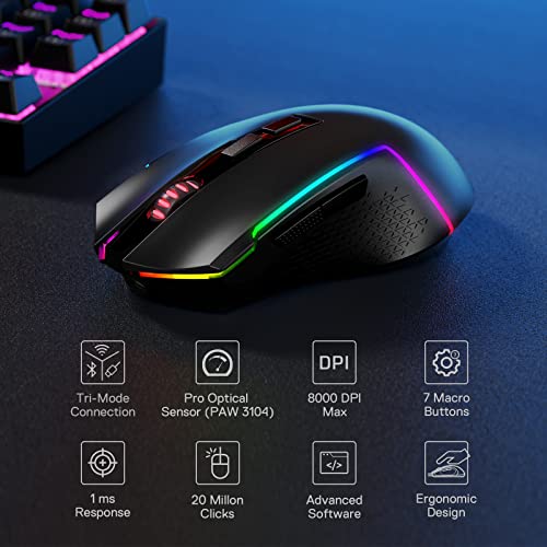 Redragon M693 Wireless Gaming Mouse, 8000 DPI kabelgebundene/drahtlose Maus mit 3-Modi-Verbindung, BT & 2.4G Wireless, 7 Makro-Tasten, langlebige Akkukapazität und RGB für PC/Mac/Laptop Bild 2