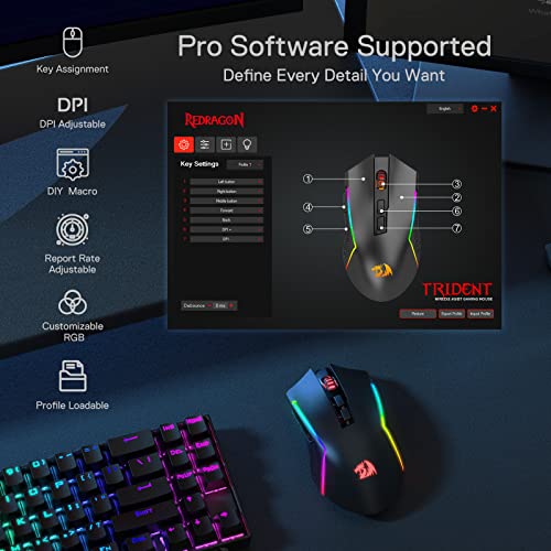 Redragon M693 Wireless Gaming Mouse, 8000 DPI kabelgebundene/drahtlose Maus mit 3-Modi-Verbindung, BT & 2.4G Wireless, 7 Makro-Tasten, langlebige Akkukapazität und RGB für PC/Mac/Laptop Bild 6