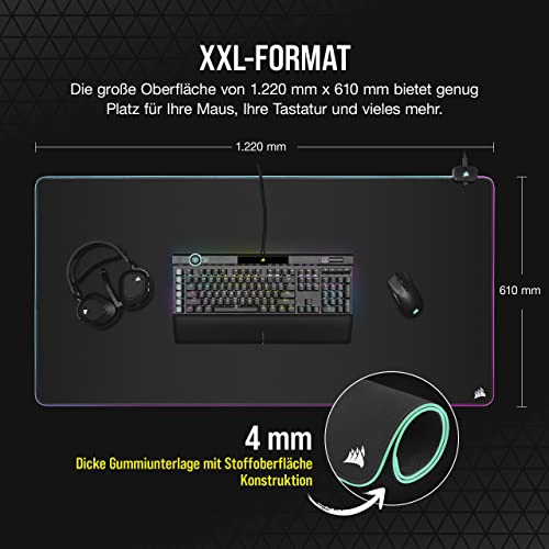 Corsair MM700 RGB Extended 3XL Gaming-Mauspad mit Stoffoberfläche - Oberfläche von 1220 × 610 mm - 360°-DREI-Zonen-RGB-Beleuchtung - USB-Hub mit Zwei Ports - rutschfeste Gummiunterlage - Schwarz Bild 3