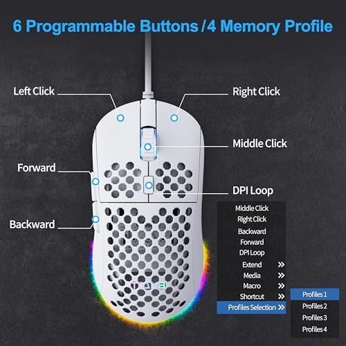 TMKB M1se Gaming Maus, USB, mit 12800 DPI Optischer Sensor,6 Programmierbare Tasten Wabenmaus,Anpassbares RGB Computer Mouse,Schleppfreies Paracord,Ergonomische für Windows PC MAC-Weiß Bild 3