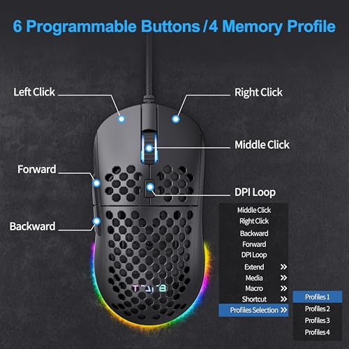 TMKB M1se Gaming Maus mit 12800 DPI Optischer Sensor,6 Programmierbare Tasten Wabenmaus,Anpassbares RGB Computer Mouse,Schleppfreies Paracord,Ergonomische für Windows PC MAC-Schwarz Bild 3