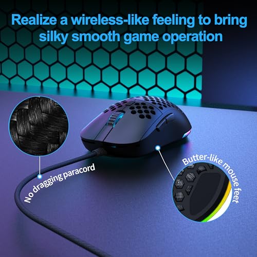 TMKB M1se Gaming Maus mit 12800 DPI Optischer Sensor,6 Programmierbare Tasten Wabenmaus,Anpassbares RGB Computer Mouse,Schleppfreies Paracord,Ergonomische für Windows PC MAC-Schwarz Bild 5