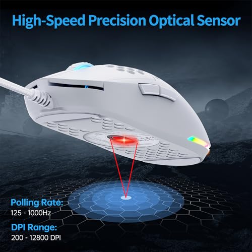 Dierya ×TMKB M1SE Gaming Maus mit 12800 DPI Optischer Sensor,Gaming Mouse 6 Programmierbare Tasten,Anpassbares RGB,Ergonomische PC Mouse-Weiß Bild 2