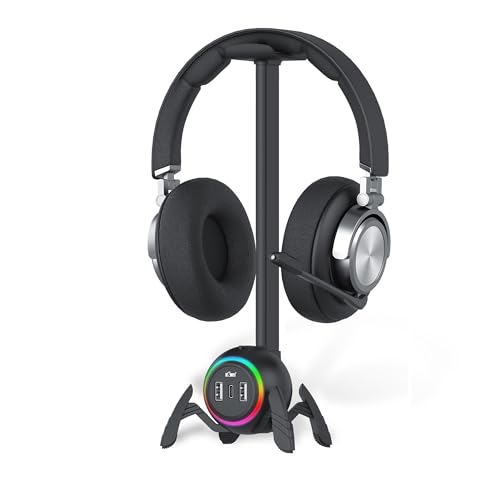 KIWIFOTOS Gaming-Kopfhörerständer mit 2 USB-Anschlüssen, PC-Gaming-Zubehör mit RGB-Licht für Spielzimmer, Headset-Halterung für Gamer, Schwarz Bild 1