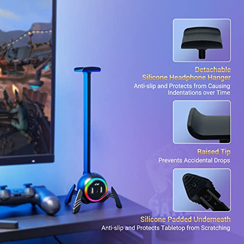 KIWIFOTOS Gaming-Kopfhörerständer mit 2 USB-Anschlüssen, PC-Gaming-Zubehör mit RGB-Licht für Spielzimmer, Headset-Halterung für Gamer, Schwarz Bild 3