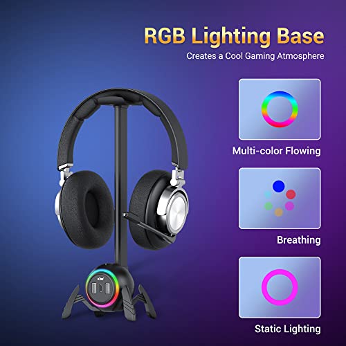 KIWIFOTOS Gaming-Kopfhörerständer mit 2 USB-Anschlüssen, PC-Gaming-Zubehör mit RGB-Licht für Spielzimmer, Headset-Halterung für Gamer, Schwarz Bild 4