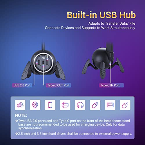 KIWIFOTOS Gaming-Kopfhörerständer mit 2 USB-Anschlüssen, PC-Gaming-Zubehör mit RGB-Licht für Spielzimmer, Headset-Halterung für Gamer, Schwarz Bild 5