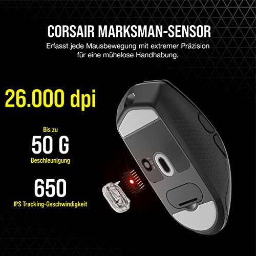 Corsair KATAR Elite Wireless Ultraleichte FPS Gaming Maus - 26.000 DPI - Symmetrische Form - Bis zu 110 Stunden Akkulaufzeit - iCUE-Kompatibel - PC, PS5, PS4, Xbox - Schwarz Bild 6