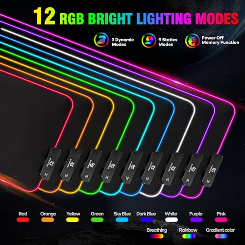 Gimars Gaming Mauspad, 12 LED Beleuchtungsmodi RGB Mousepad XXL, 800x300x5mm, Groß Desk Mat Gaming Zubehör mit wasserdichte Oberfläche, 5mm Rutschfester Gummifuß für PC Tastatur Bild 2
