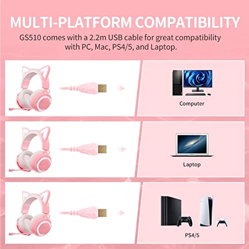 Pinkes Gaming-Headset, Verkabelter USB-Gaming-Kopfhörer in mit Katzenohr für PC///PS5 mit 7.1-Surround-Sound-Geräuschunterdrückung, Abnehmbarem Katzenohr und Mikrofon, Bild 6