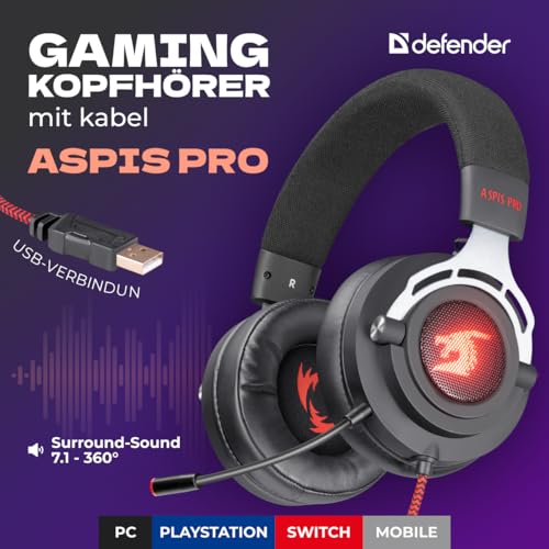 Defender® Aspis Pro Gaming Headset mit Mikrofon – 7.1 Surround Sound, USB, RGB, 50 mm Treiber, Vibration, Over-Ear, Abnehmbares Mikrofon, PC Headset, Lautstärkeregler, Kabelgebunden Bild 2