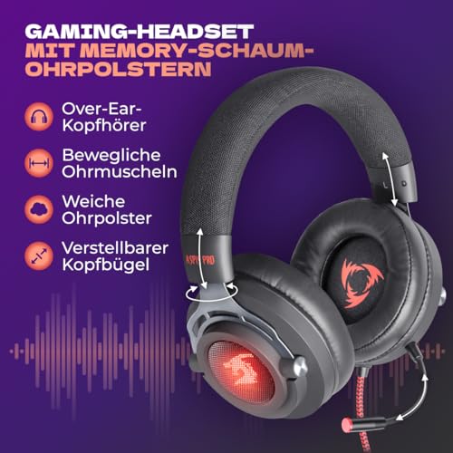 Defender® Aspis Pro Gaming Headset mit Mikrofon – 7.1 Surround Sound, USB, RGB, 50 mm Treiber, Vibration, Over-Ear, Abnehmbares Mikrofon, PC Headset, Lautstärkeregler, Kabelgebunden Bild 3