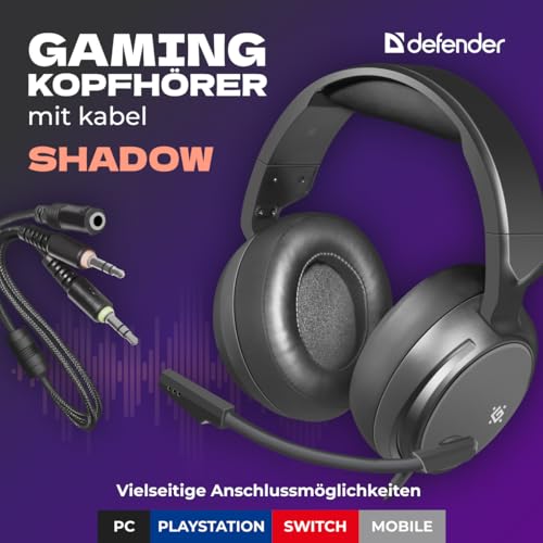 Defender® Shadow Gaming Headset – 3,5 mm Klinke, Over-Ear, 50 mm Treiber, Flexibles Mikrofon, Lautstärkeregler, Metall-Kopfbügel, PC Headset mit Mikrofon, Kompatibel mit PS5, Xbox, Switch & PC Bild 2