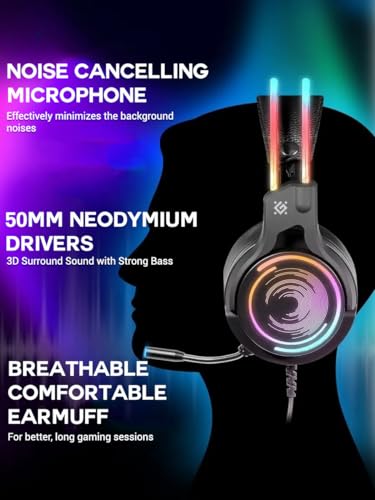 Defender® Gaming Headset, 7.1 Surround Sound, Gaming Kopfhörer PC mit Kabel für PS4, Laptop, Over-Ear-Kopfhörer mit Noise-Cancelling-Mikrofon, Headset Mit Mikrofon, LED-Licht, Schwarz Bild 3