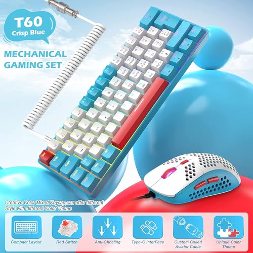 ZIYOU LANG Wired Gaming-Tastatur und Maus Combo mit Spiral USB-C Kabel T60 Pro - Kompakt 60% UK Layout(QWERTY) Mechanische Tastatur Linear Red Switch, 6400DPI Ultra-Light RGB Mäuse für PC/Mac - Blau Bild 2