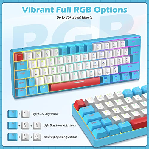 ZIYOU LANG Wired Gaming-Tastatur und Maus Combo mit Spiral USB-C Kabel T60 Pro - Kompakt 60% UK Layout(QWERTY) Mechanische Tastatur Linear Red Switch, 6400DPI Ultra-Light RGB Mäuse für PC/Mac - Blau Bild 3