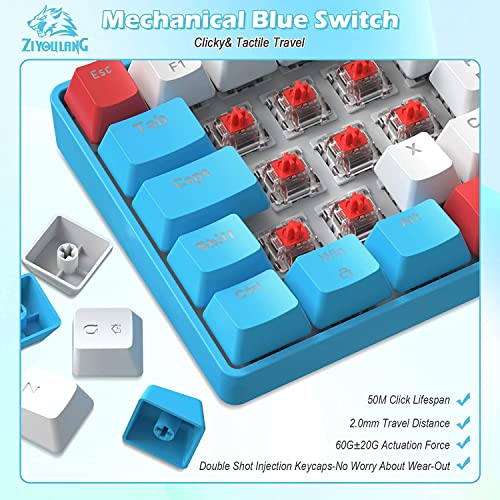 ZIYOU LANG Wired Gaming-Tastatur und Maus Combo mit Spiral USB-C Kabel T60 Pro - Kompakt 60% UK Layout(QWERTY) Mechanische Tastatur Linear Red Switch, 6400DPI Ultra-Light RGB Mäuse für PC/Mac - Blau Bild 4