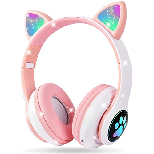 AXFEE Kopfhörer Kinder, Kinderkopfhörer Bluetooth, Mädchen Katzenohr Over-Ear mit LED-licht Faltbare Stereo Kabellose, Mikrofon,Micro SD/TF für Handy/Tablet/PC Bild 1