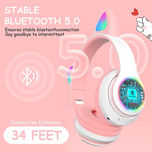 AXFEE Kopfhörer Kinder, Kinderkopfhörer Bluetooth, Mädchen Katzenohr Over-Ear mit LED-licht Faltbare Stereo Kabellose, Mikrofon,Micro SD/TF für Handy/Tablet/PC Bild 2