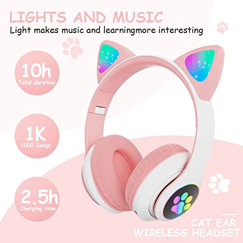 AXFEE Kopfhörer Kinder, Kinderkopfhörer Bluetooth, Mädchen Katzenohr Over-Ear mit LED-licht Faltbare Stereo Kabellose, Mikrofon,Micro SD/TF für Handy/Tablet/PC Bild 3