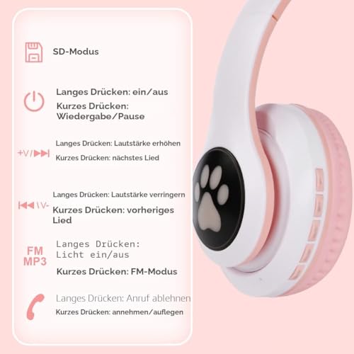 AXFEE Kopfhörer Kinder, Kinderkopfhörer Bluetooth, Mädchen Katzenohr Over-Ear mit LED-licht Faltbare Stereo Kabellose, Mikrofon,Micro SD/TF für Handy/Tablet/PC Bild 4