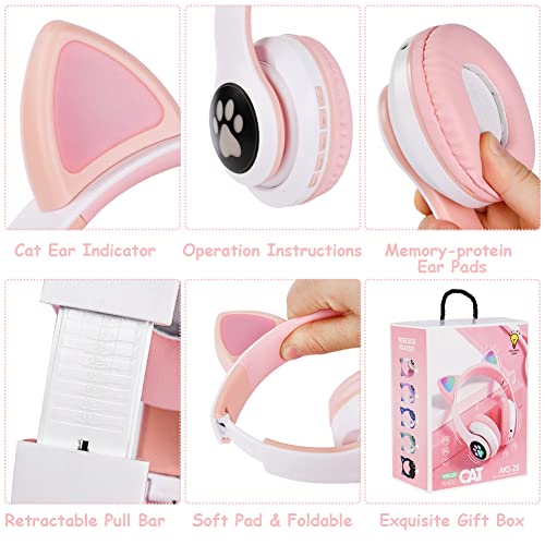AXFEE Kopfhörer Kinder, Kinderkopfhörer Bluetooth, Mädchen Katzenohr Over-Ear mit LED-licht Faltbare Stereo Kabellose, Mikrofon,Micro SD/TF für Handy/Tablet/PC Bild 5