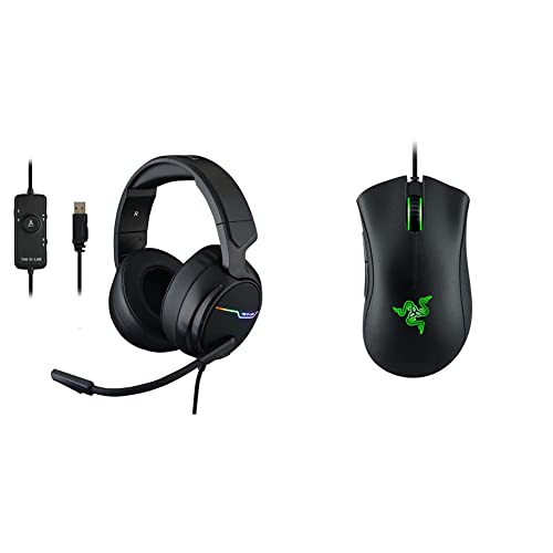 The G-LAB Korp Thallium Gaming-Kopfhörer, USB, 7.1, Digital Surround - Headset für Gamer (Schwarz) & Razer DeathAdder Essential (2021) - Essentielle Gaming-Maus mit optischem 6.400-DPI-Sensor Schwarz Bild 1