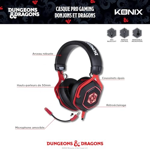 Konix Dungeons & Dragons Kabelgebundenes Gaming-Headset D20 für PC - 50-mm-Lautsprecher - Mikrofon - 2 m USB-Kabel - Hintergrundbeleuchtung - Schwarz und Rot Bild 4