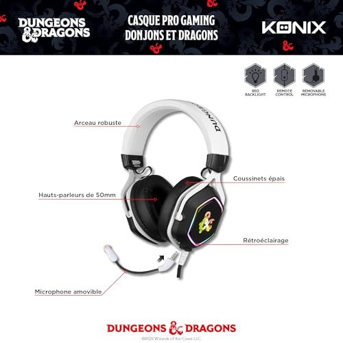 Konix Dungeons & Dragons Kabelgebundenes Gaming-Headset Rainbow für PC - 50-mm-Lautsprecher - Mikrofon - 2 m USB-Kabel - Hintergrundbeleuchtung - Weiß und Schwarz Bild 4