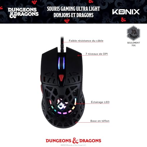 Konix Dungeons & Dragons Kabelgebundene Gaming-Maus Ultra Light 70 g für PC - 7 DPI-Stufen - Rainbow-LED-Hintergrundbeleuchtung - Schwarz Bild 3