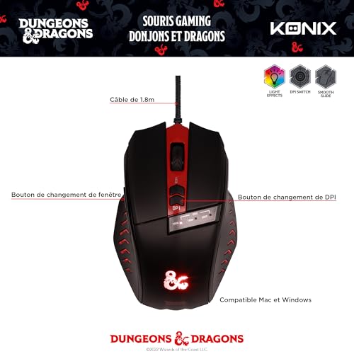 Konix Dungeons & Dragons Gaming-Maus für PC - 6 Tasten - 1,8 m Kabel - USB-Anschluss - Schwarz und Rot Bild 3