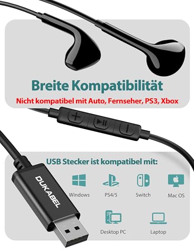 DuKabel USB In Ear Kopfhörer PC Headset mit Mikrofon und Lautstärkeregler USB Gaming Headset für PS4 PS5 PC Laptop Desktop Skype Office Live Bild 2