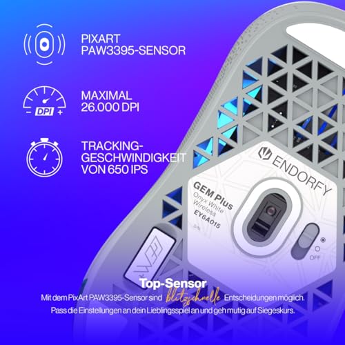 ENDORFY GEM Plus Wireless Onyx White, Leichte kabellose Gaming-Maus (74 g), PixArt PAW3395 Sensor der Spitzenklasse, 26.000 DPI, langlebige Kailh GM 8.0 Schalter, 6 programmierbare Tasten, EY6A015 Bild 2