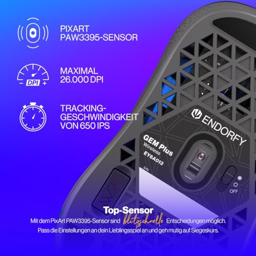 ENDORFY GEM Plus Wireless, Leichte kabellose Gaming-Maus (74 g), PixArt PAW3395 Sensor der Spitzenklasse, 26.000 DPI, langlebige Kailh GM 8.0 Schalter, 6 programmierbare Tasten, EY6A013 Bild 2
