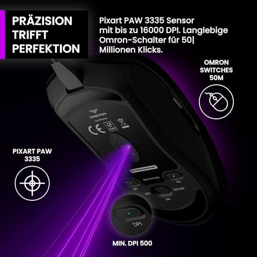PREYON Gaming Maus mit Kabel 1.8 m und Kabellose Mouse für PC Gamingmaus Wireless - Programmierbare Tasten RGB-Leuchten 2.4G Hz USB Leichtgewicht 85 g 16K DPI Sensor-Anpassungen - Owl Schwarz Bild 4