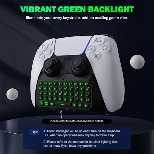 MoKo Grün Hinterlicht Tastatur für PS5 Controller, Kabellos PS5 Mini Tastatur Chatpad für Playstation 5 Controller, Integriert Tastaturlautsprecher mit 3,5 mm Buchse für Nachrichten & Chatten, Schwarz Bild 3