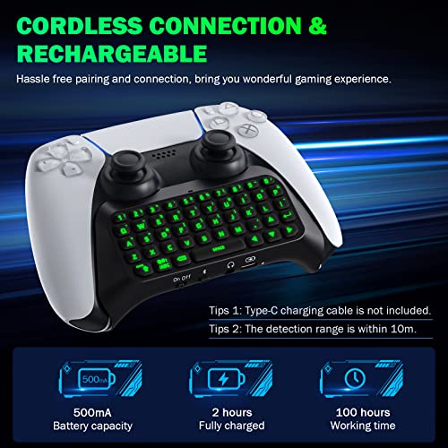 MoKo Grün Hinterlicht Tastatur für PS5 Controller, Kabellos PS5 Mini Tastatur Chatpad für Playstation 5 Controller, Integriert Tastaturlautsprecher mit 3,5 mm Buchse für Nachrichten & Chatten, Schwarz Bild 4