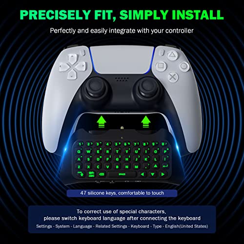 MoKo Grün Hinterlicht Tastatur für PS5 Controller, Kabellos PS5 Mini Tastatur Chatpad für Playstation 5 Controller, Integriert Tastaturlautsprecher mit 3,5 mm Buchse für Nachrichten & Chatten, Schwarz Bild 6