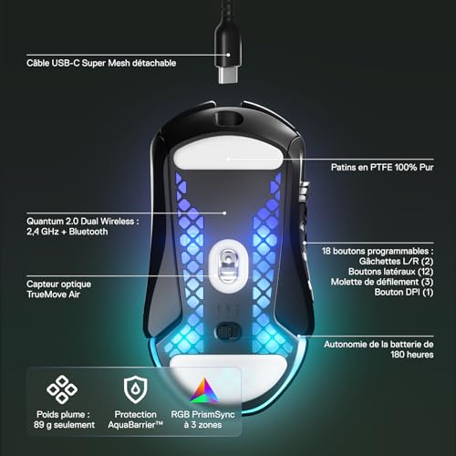SteelSeries Aerox 9 Wireless Gaming-Maus – Ultraleicht für MMOs/MOBAs – 89 g Gewicht – 18 programmierbare Tasten – Bluetooth/2,4 GHz & QcK Prism Cloth XL - Gaming Mauspad – Größe XL Bild 4