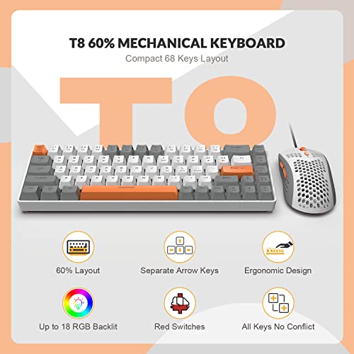 YINDIAO T8 60% RGB Gaming Tastatur und Maus Set + Gewendeltes USB-C Kabel,Kabelgebundene Mechanische Tastatur,68 Tasten TKL Compact Layout,Maus mit Wabenstruktur,Bis zu 6400DPI,für PC PS5 -Hellgrau Bild 3