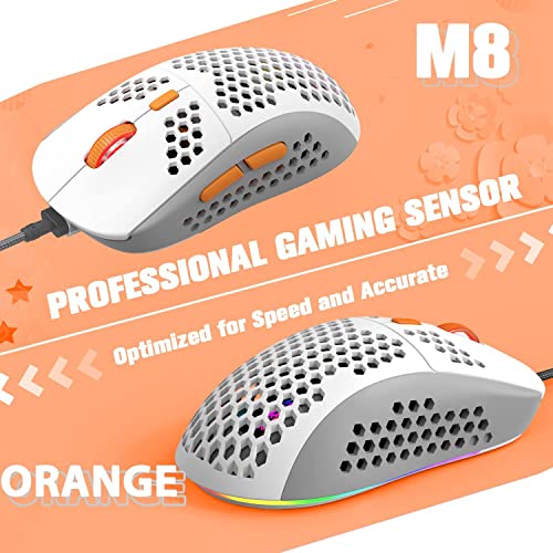 YINDIAO T8 60% RGB Gaming Tastatur und Maus Set + Gewendeltes USB-C Kabel,Kabelgebundene Mechanische Tastatur,68 Tasten TKL Compact Layout,Maus mit Wabenstruktur,Bis zu 6400DPI,für PC PS5 -Hellgrau Bild 5