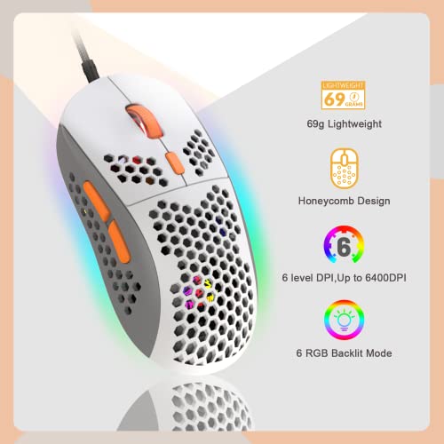 YINDIAO T8 60% RGB Gaming Tastatur und Maus Set + Gewendeltes USB-C Kabel,Kabelgebundene Mechanische Tastatur,68 Tasten TKL Compact Layout,Maus mit Wabenstruktur,Bis zu 6400DPI,für PC PS5 -Hellgrau Bild 6