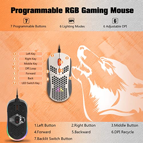 383 PRO Ultraleichte kabelgebundene Gaming-Maus, leichte Wabenschale, 6 RGB-atmungsaktive Hintergrundbeleuchtung, 6 einstellbare DPI 6400, USB-optisches Modell Win10/XP/Xbox/PS4/PS5/Mac/HP/Acer Bild 3