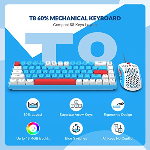 YINDIAO T8 60% RGB Gaming Tastatur und Maus Set + Gewendeltes USB-C Kabel,Kabelgebundene Mechanische Tastatur,68 Tasten TKL Compact Layout,Maus mit Wabenstruktur,Bis zu 6400DPI,für PC MAC PS5 -Blau Bild 3